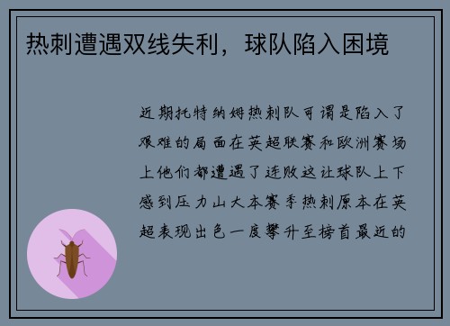 热刺遭遇双线失利，球队陷入困境